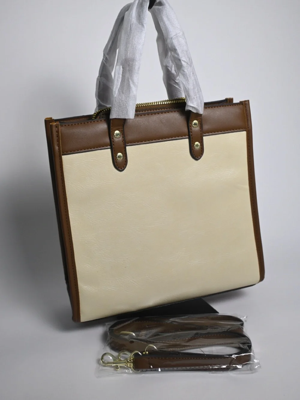 COACH Two-Tone Brown and Cream Leather Shopper Tote